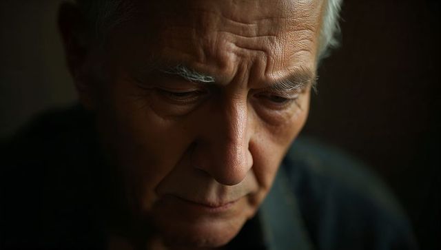 Somber senior man portrait showing deep wrinkles and contemplative expression in low light