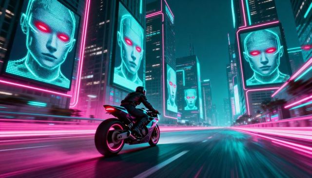 Neon rider racing through cyberpunk city lined with giant ai faces and motion blur