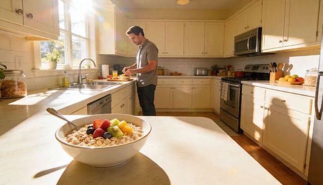 Sunlit kitchen man preparing fresh fruit breakfast, bowl of oatmeal topped with berries and kiwi