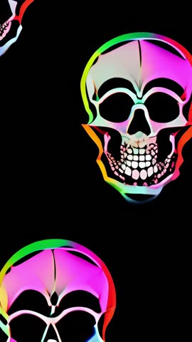 Looping vertical video showing skulls cycling neon rainbow gradient outlines on black background