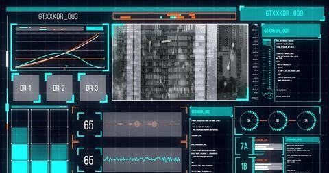 Digital interface with data processing elements in futuristic display