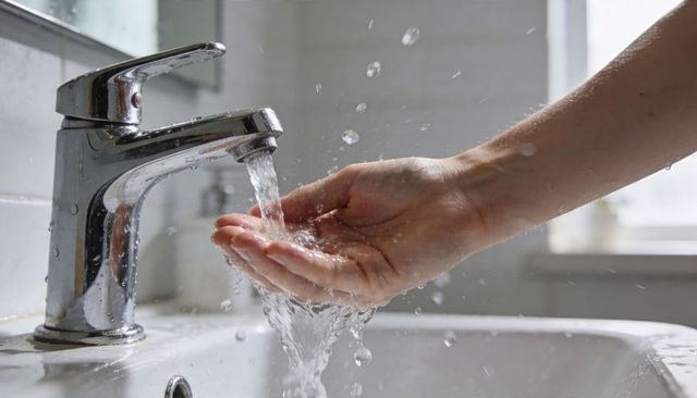Catching running water with right hand at chrome faucet close-up for hand hygiene