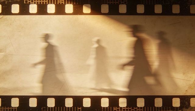 Walking blurred silhouettes crossing textured sepia wall framed by vintage filmstrip