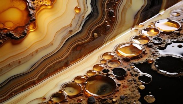 Macro banded agate slab revealing cream-amber strata with golden droplets and layered texture