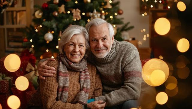 Senior Couple Cuddling by Christmas Tree Wearing Cozy Knitwear, Smiling Together