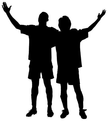 silhouette of two male footballers celebrating together. suitable for themes of teamwork, friendship, success in sports. useful in sports articles, fan merchandise designs, promotional materials on camaraderie and sportsmanship.