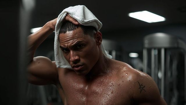 Intense gym workout muscular man wiping sweat with white towel post-training focus