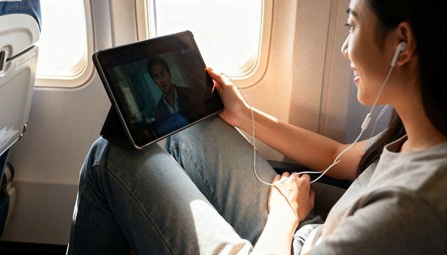 Asian woman watching movie on tablet in airplane window seat, wired earphones, sunlight