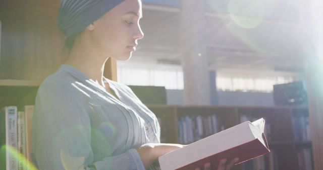 Young Woman Reading Book in Sunlit Library - Download Free Stock Images Pikwizard.com