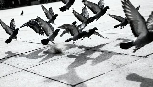Pigeons taking off over urban pavement casting dramatic shadows in high-contrast monochrome