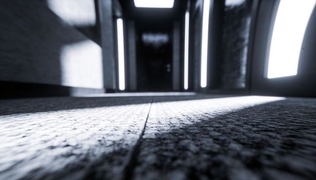 Low-angle corridor showing textured floor seam and dramatic diagonal led light bands