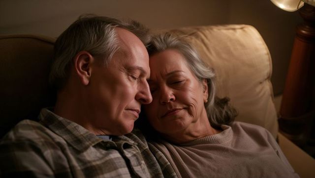 Senior couple cuddling on sofa at night cozy intimate moment elderly partners relaxing