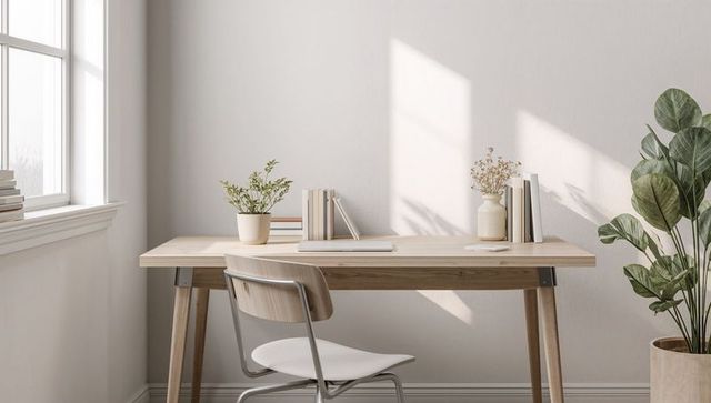 Sunlit scandinavian home office desk with potted plants and minimal wooden chair