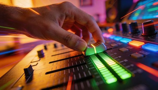 Dj adjusting motorized fader with glowing green led meters on colorful mixing console