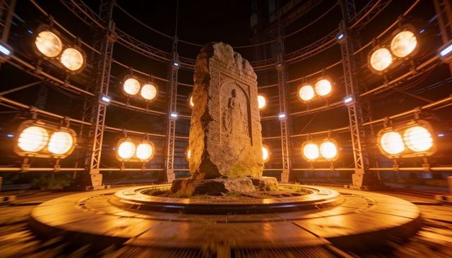 Ancient carved stone stele bathing in amber theatrical lights on circular pedestal