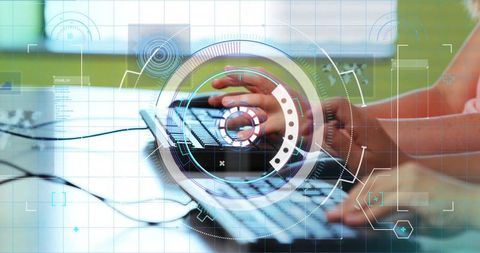 Sibling hands typing on keyboard with hud overlay for digital learning and coding