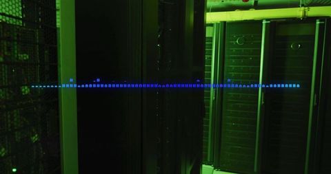 Server room glowing with green led lights and digital waveform display