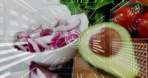 Futuristic Kitchen HUD Overlay Fresh Avocado, Sliced Red Onion, Tomatoes and Greens