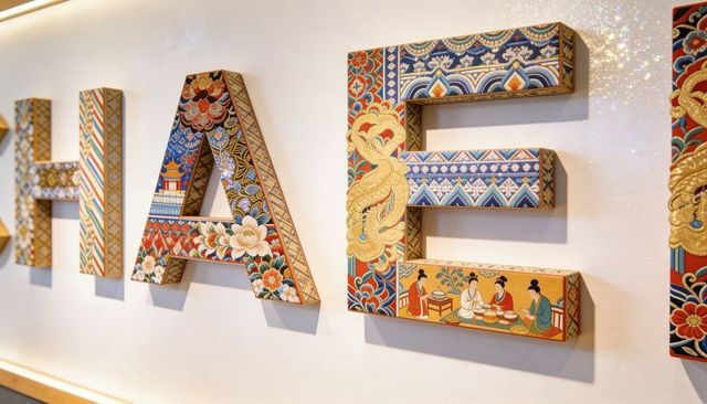 Ornate 3d letters with gilded dragon and floral panels on gallery wall