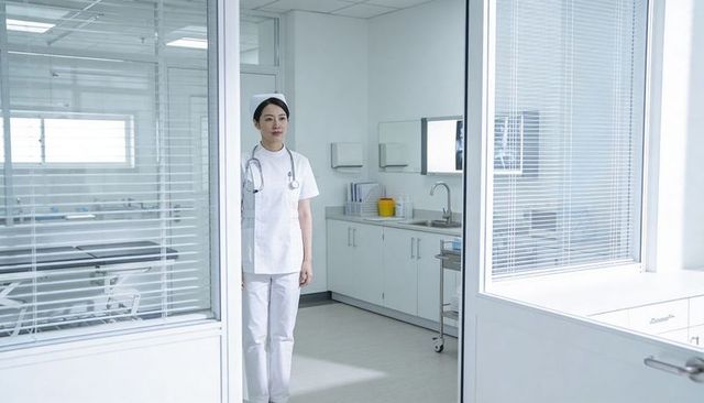 Standing nurse monitoring clinic exam room with stethoscope and yellow sharps container