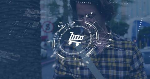 Urban shopper tapping smartphone for mobile shopping with digital hud overlay