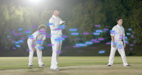 Futuristic night cricket fielders under floodlights with neon motion trails and energy