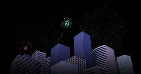Cityscape with Vibrant Fireworks Lighting Up Night Sky