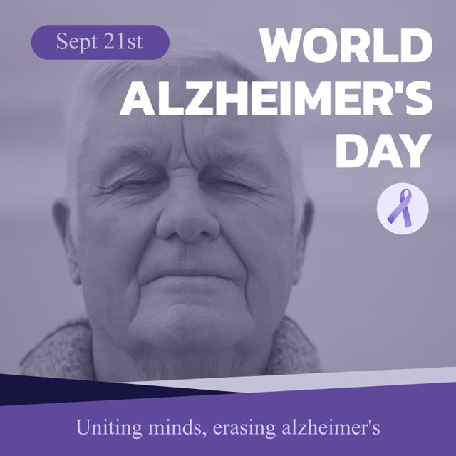 Photo shows an elderly Caucasian man with eyes closed highlighting the observance of World Alzheimer's Day on September 21st. Ideal for raising awareness for Alzheimer's disease, promotional materials for Alzheimer's support groups, healthcare and elder care services, informative content on dementia, and educational programs about Alzheimer's.