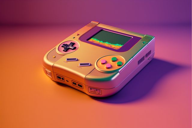 Retro gaming console and pad on yellow to pink background, created using generative ai technology. Retro video game and home entertainment concept digitally generated image.