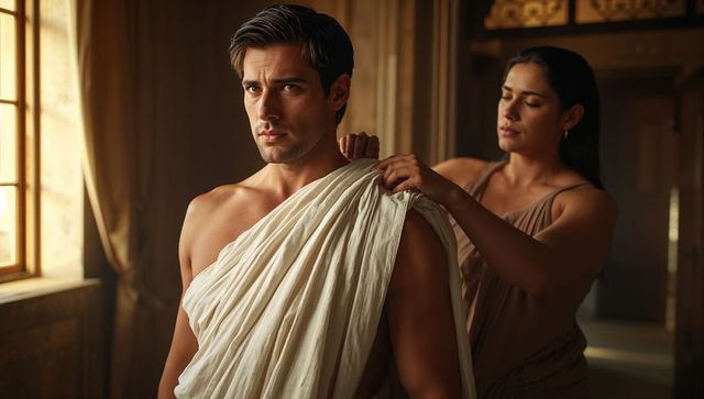 Sunlit elegance: woman draping white toga on shirtless man in classic interior
