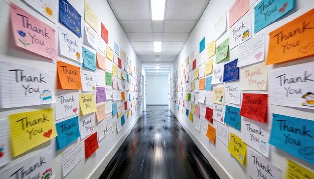 Corridor lining with colorful handwritten thank you notes creating vibrant gratitude wall