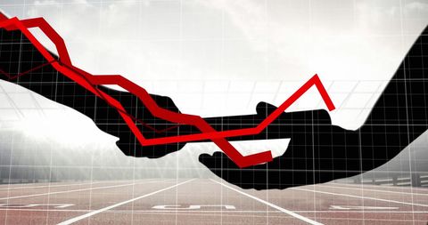 Hands Passing Baton Amid Rising and Falling Graphs on Track