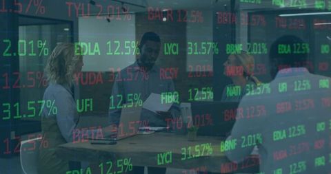 Professionals Meeting Analyzing Stock Market Data Reflected on Screen