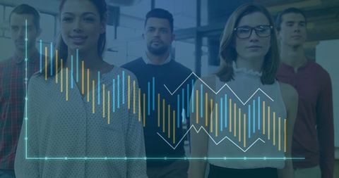 Diverse Team Analyzing Data with Overlayed Chart Visual
