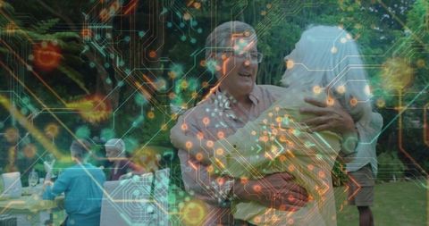 Seniors dancing in backyard celebrating in tech-fused scenery