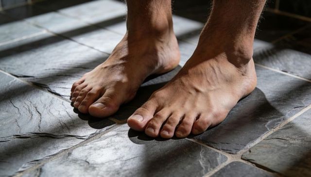 Male Bare Feet Standing on Slate Tiles Casting Sunlit Shadows and Highlighting Veins