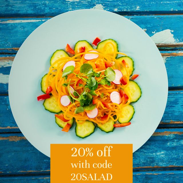 Perfect for healthy eating promotions, diet meal plans, and organic food advertisements. Highlights a 20% discount offering on a vegetable salad, making it suitable for restaurant promotions, dietitian marketing materials, and food-related social media posts. Can be used to attract health-conscious customers seeking special offers.