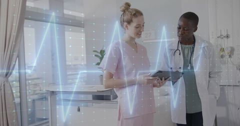 Healthcare Professionals Discussing Digital Patient Data with Holographic Interface