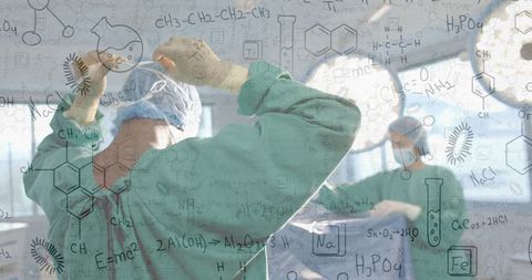 Surgeons Preparing in Operating Room with Chemical Illustrations Overlay