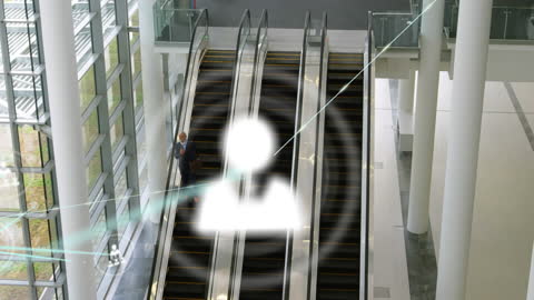 Businessman on Escalator with Digital Connectivity Overlay