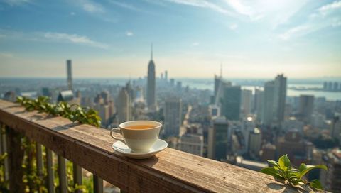 White teacup sitting on rooftop railing overlooking urban skyline and waterfront morning