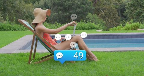 Woman Enjoying Leisure by Poolside with Social Media Alerts