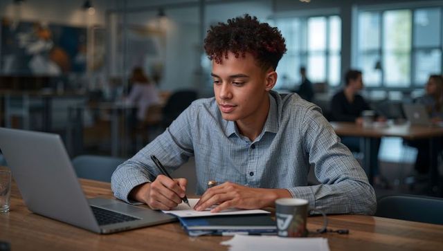 Young man taking notes while working at laptop in modern coworking space