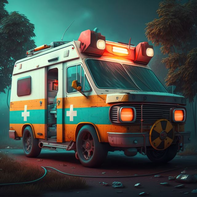 Ambulance parked in street with trees, created using generative ai technology. Ambulance and emergency medical services concept digitally generated image.