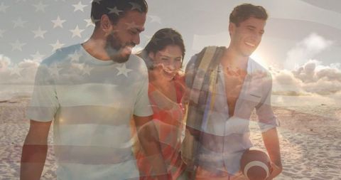 Friends Celebrating Patriotism on Beach with US Flag Overlay