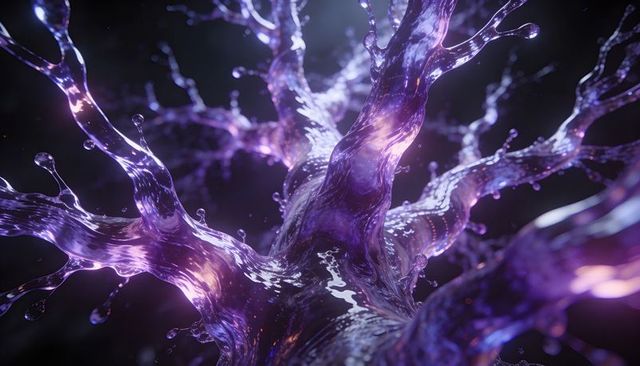 Forming purple liquid neural tendrils with iridescent neon bioluminescent glow