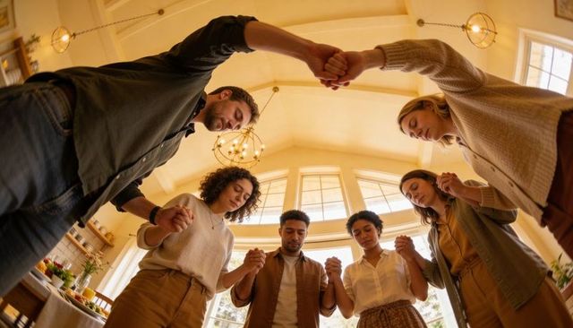 Diverse Adults Holding Hands Bowing Heads Around Dining Table Showing Unity and Support
