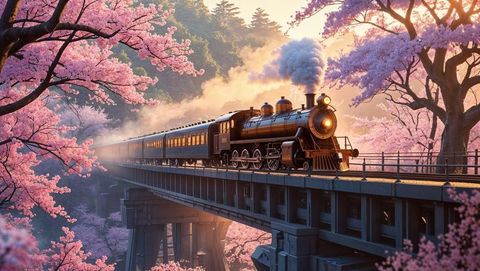 Vintage anime steam train crossing bridge within cherry blossom landscape