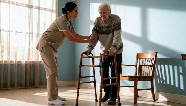 Nurse helping elderly man using walker in sunlit room, caregiver assisting mobility and balance