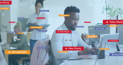Business Team Facing Social Media Notifications in Modern Workspace